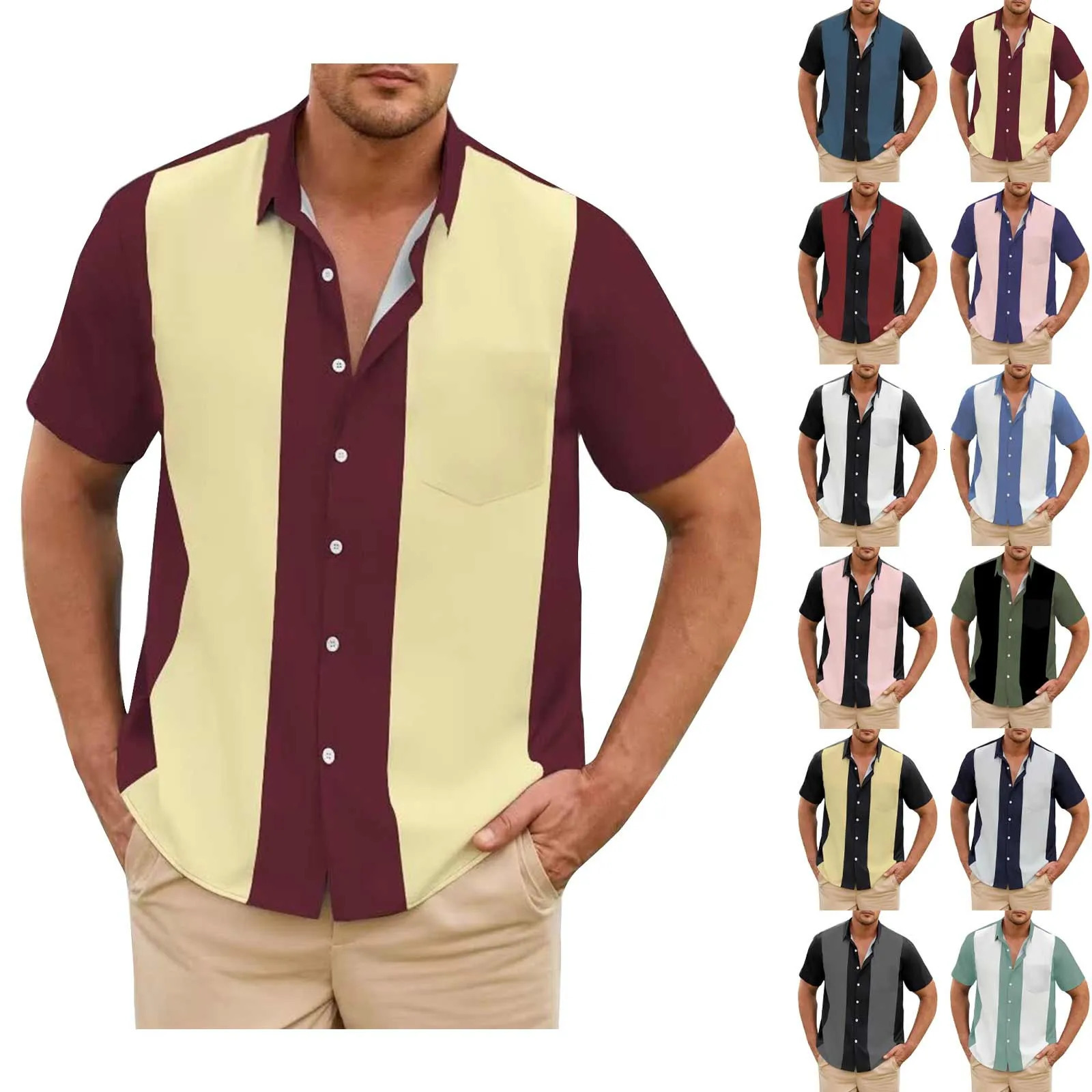 Fashion Business Stripped Splicing Shirt For Men Vintage Casual And Versatile Button Down Bowling Short Sleeve Summer TShirt 250804