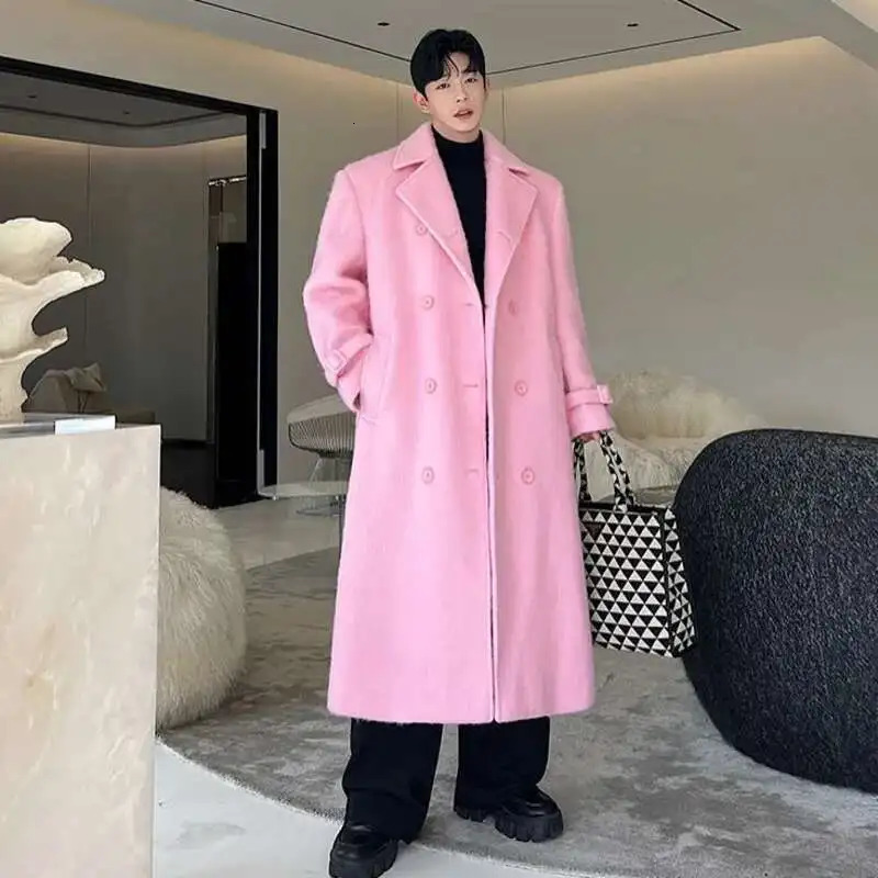 IEFB Korean Men Woolen Coat Casual Lapel Double Breasted Long Trench Solid Color Male Overcoat Belt Autumn Trend 9C2884 250805