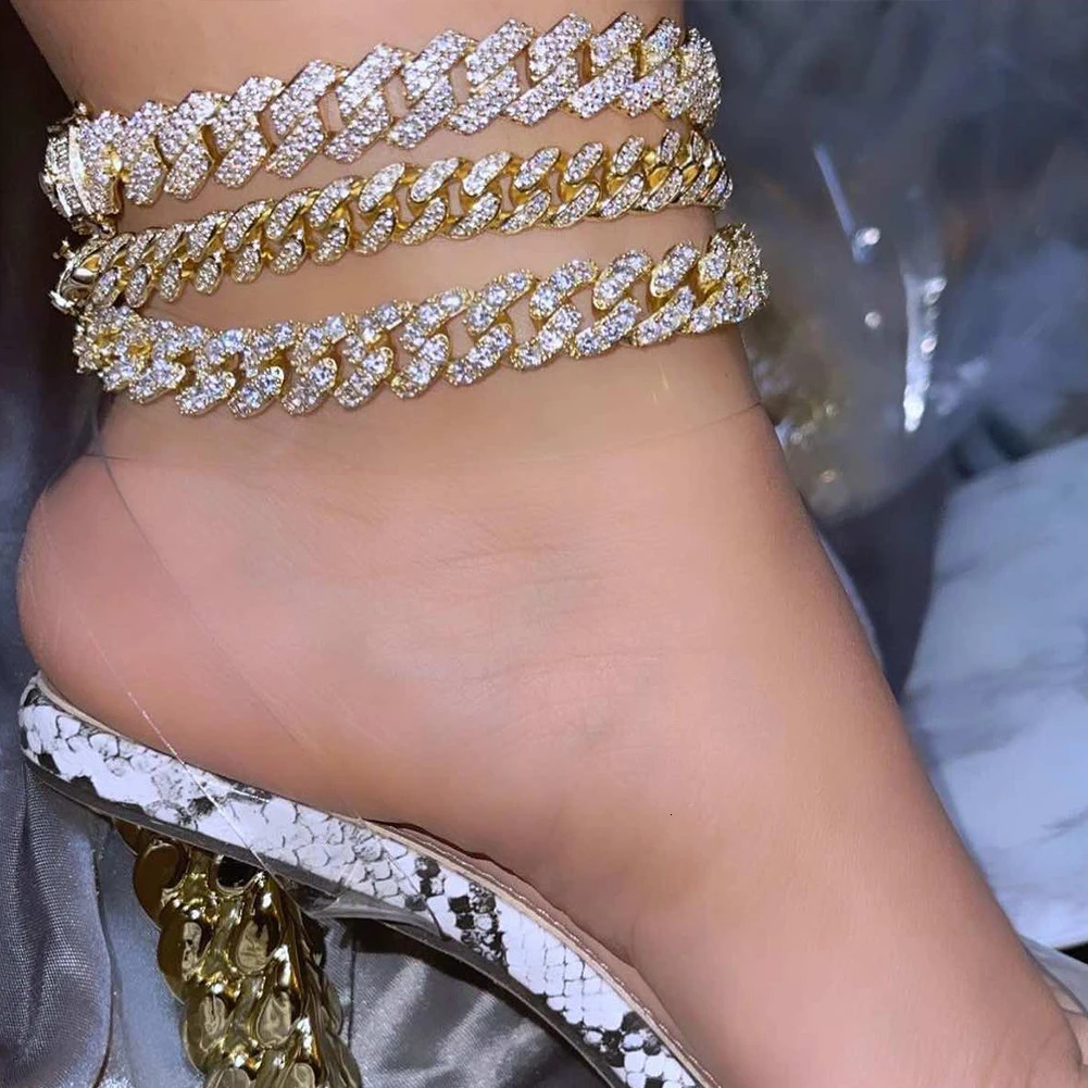 Punk Iced Out 14MM Cuban Anklet Bracelet For Women 2 Row Clustered Rhinestone Prong Miami Cuban Ankle Chain Barefoot Jewelry 250812