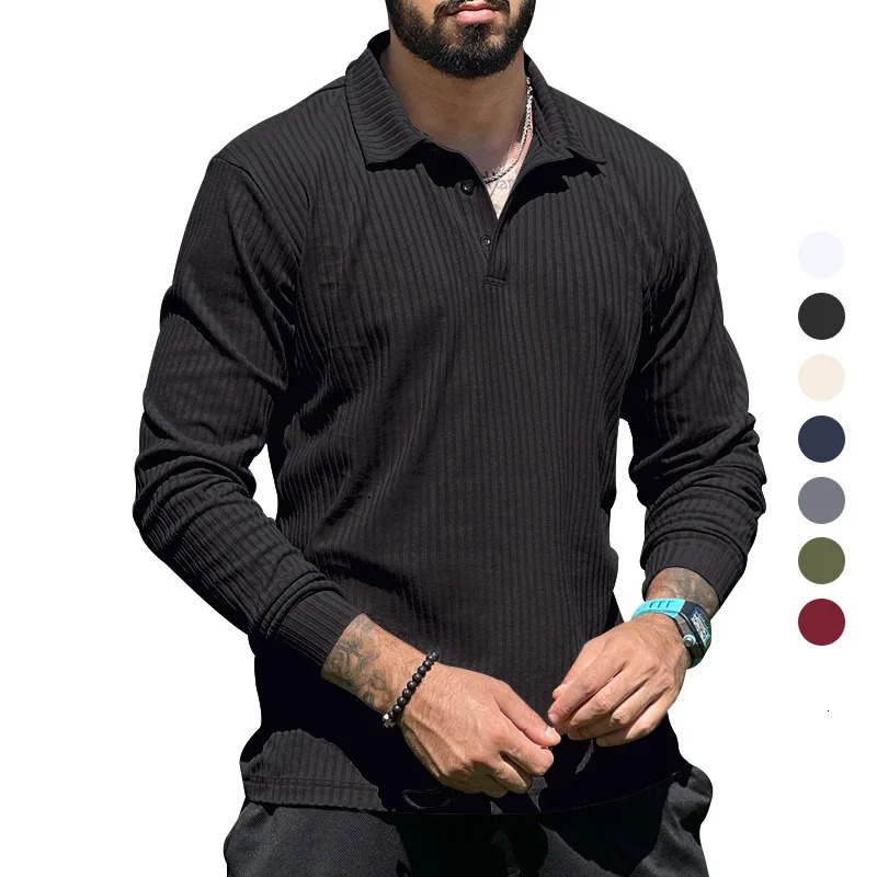 Mens Casual European and American Lapel Long Sleeve Mens T-shirt Lapel Polo Shirt 250811