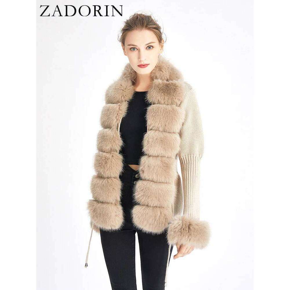 ZADORIN Fall Winter Women Coat Knitted Sweater Cardigan Detachable Collar White Pink Jacket Faux Fur Coats MDNG 20250811