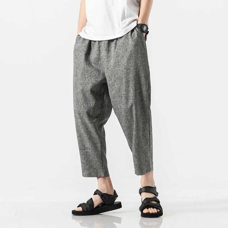 2025 Summer Cotton Linen Pants for Men Japanese Breathable Loose Casual Pants Thin Elastic Waist Cropped Pants W250812