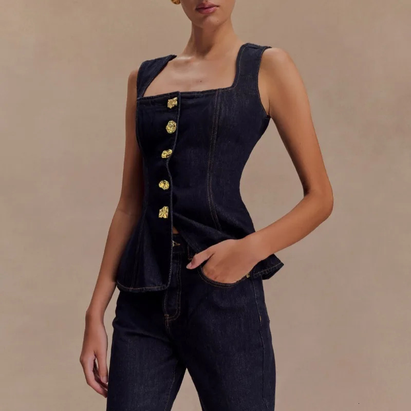 Spring and Autumn Womens Retro Denim Set Retro Solid Color Sleeveless Single Bretted Vest Top/Stylish High Waist Pants 250806