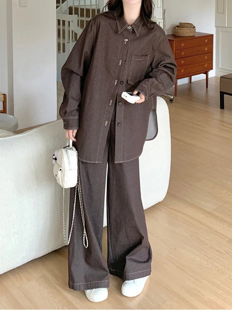 KWTX Brown Long Sleeve Denim Jacket Pants 2 Piece Set Women 2025 Spring Summer Oversized Casual Streetwear Outfit 250808