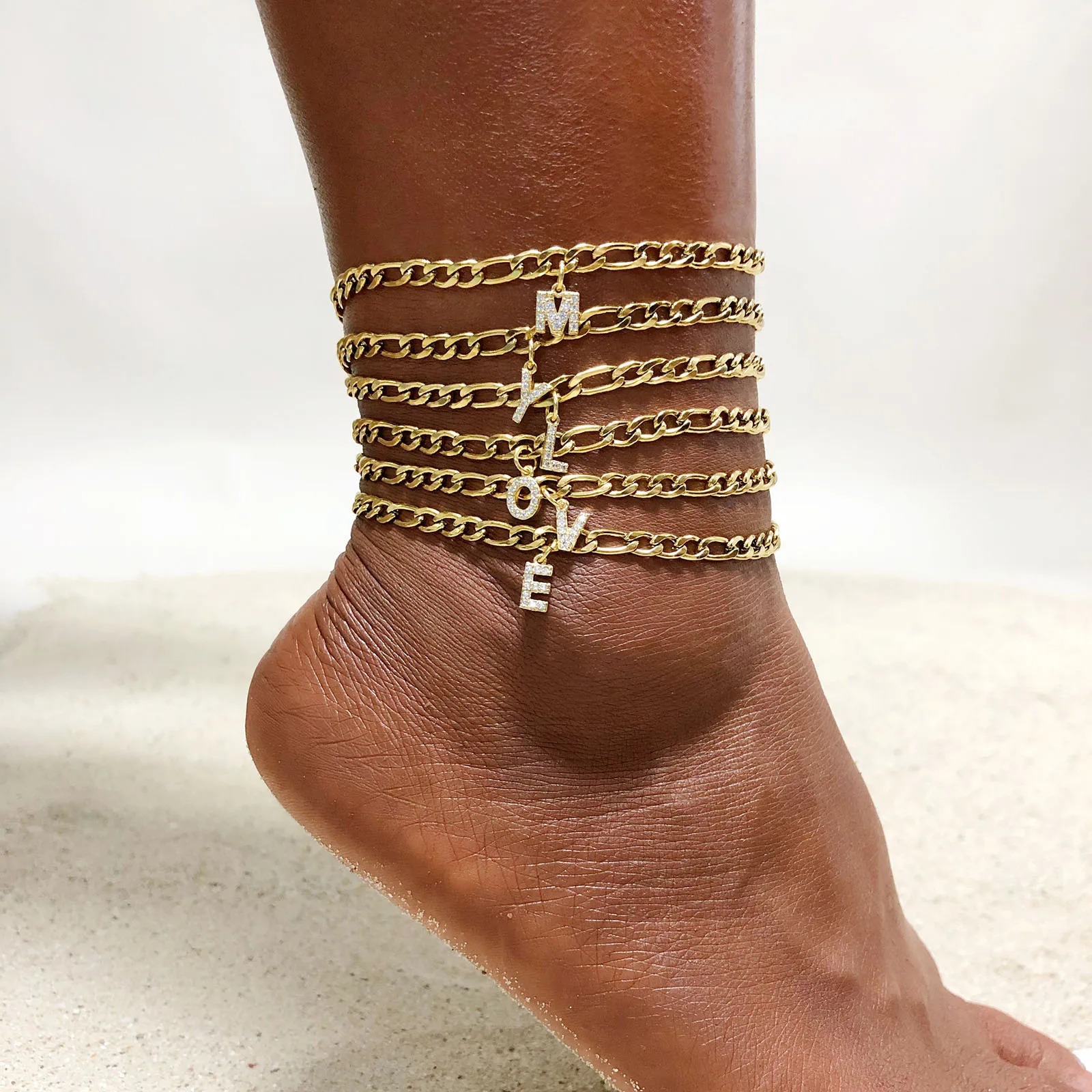 Crystal A-Z Letter Initial Anklets Bracelet for Women Cuban Link Anklet Stainless Steel Beach Leg Foot Chains Wholesale 250812