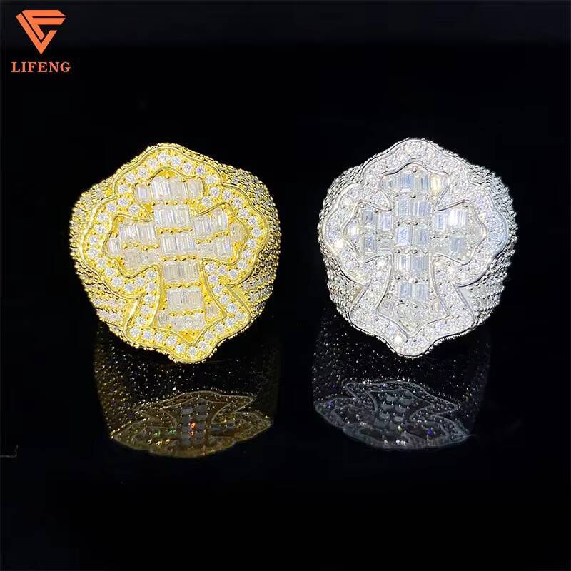 925 Sterling Silver Cross Full Moissanite Ring Hip Hop Baguette Cut Statement Jewelry Moissanite Hip Hop Ring