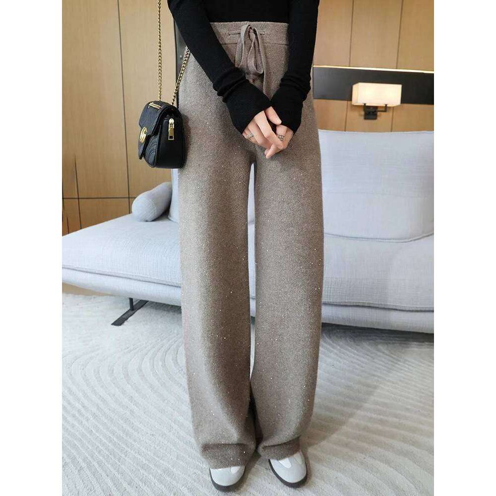 100% Merino Wool Wide Pants Women Autumn Winter Gold And Sier Silk Bead Knitted Narrow Version Straight Leg Casual Trouser 20250811
