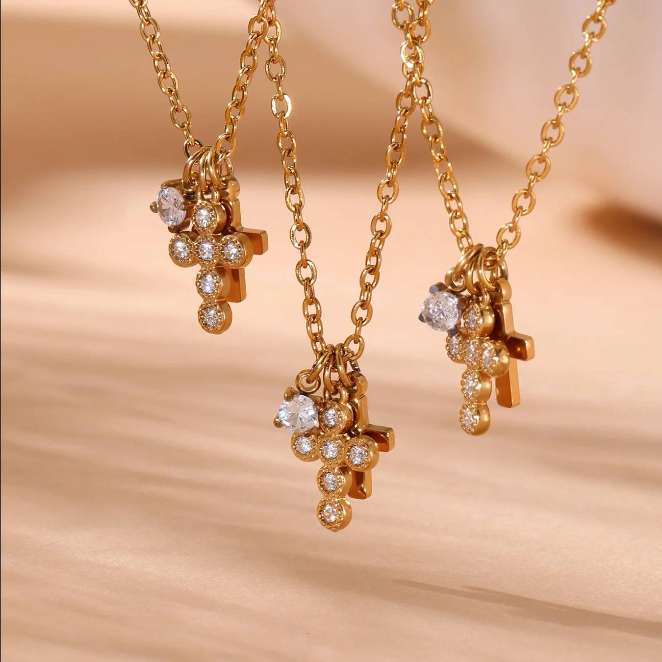 Nivora Stainless Steel Zircon Double Layer Cross Pendant Chain Necklace For Women PVD Gold Plated Neck Daily Wear Party Jewelry