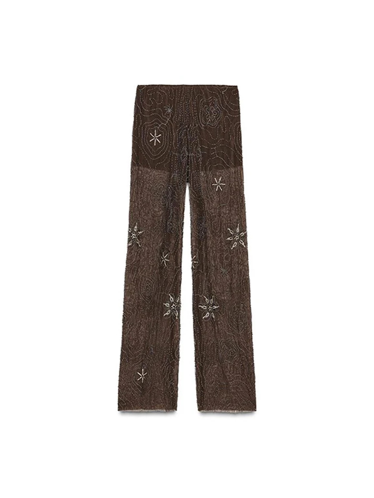 Fashion Beading Sequined Y2k Pants Women See Through Elastic Waist Wide Leg Trousers 2025 Spring Summer Lady Party Streetwear 250811