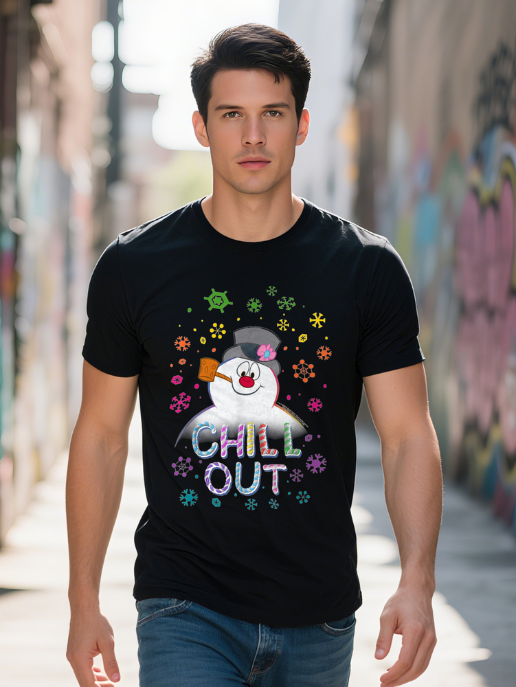 Chill Out Frosty The Graphic T-Shirt for Men Plus Size Short Sleeve Casual Cotton Tee Black with Colorful Snowman