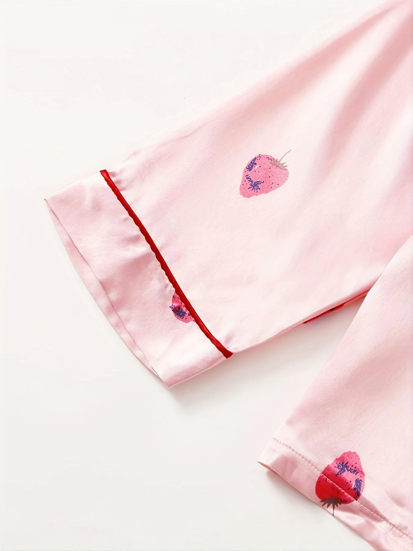 Strawberry Pattern Satin Long Sleeve Tops Pants Pajama Set For Valentines Gifts 250811