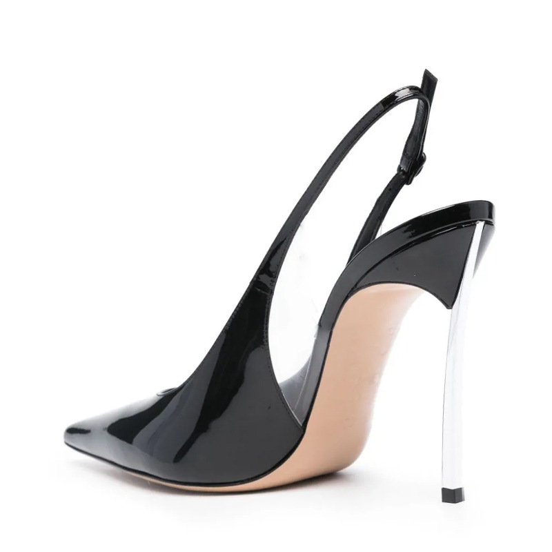 Patent Leather Stiletto Sandals - Pointed Toe Ankle Strap Heels 10Cm Steel Core Classic Black