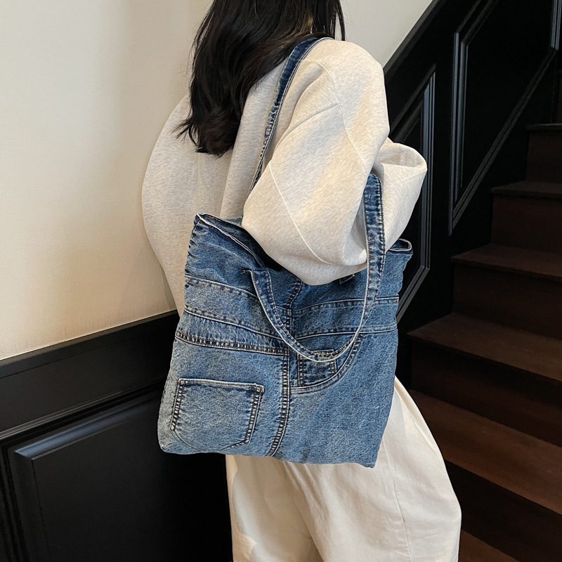 Denim for Women New Fashion Versatile Single Shoulder Crossbody Patchwork Commuter Tote Bag