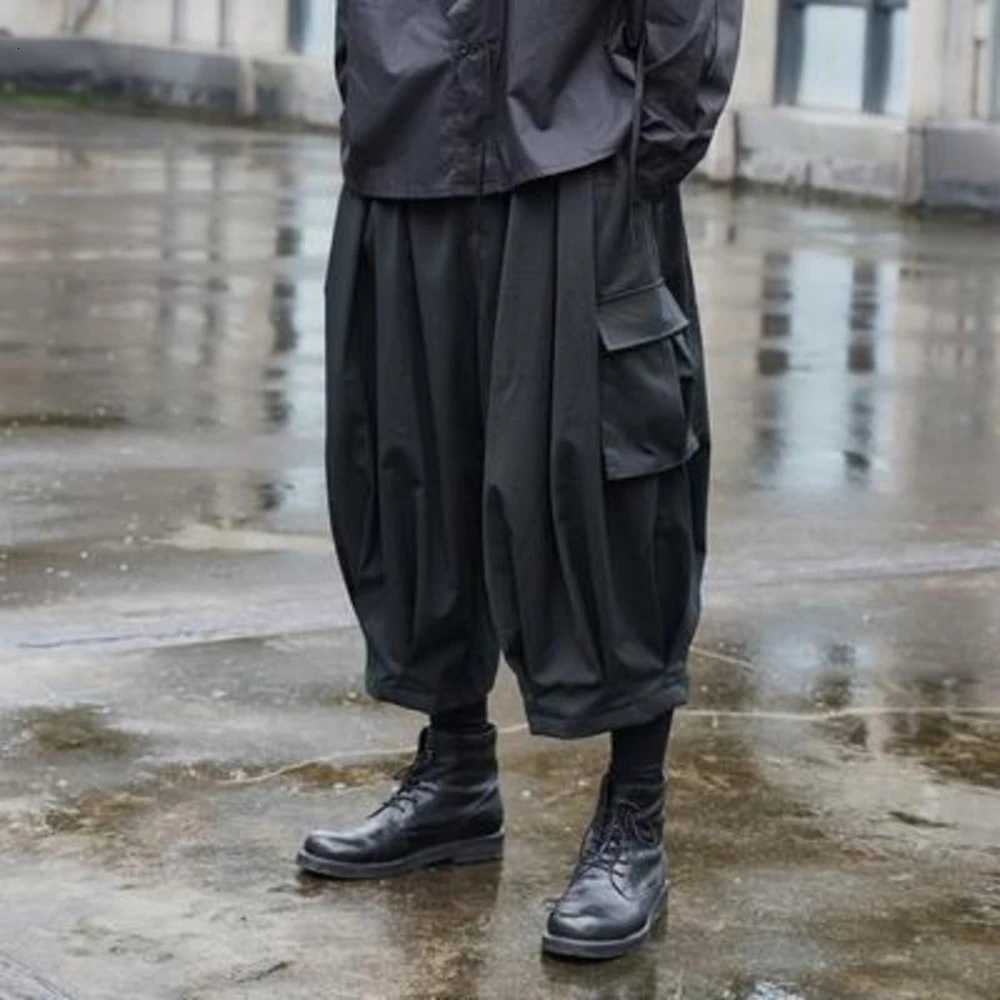 Mens Y2K Cargo Multi-Pocket Wide-Leg Pants Spring Streetwear Dark Gothic Punk Drawstring Casual Pants Mens Clothing 2025 New X250812