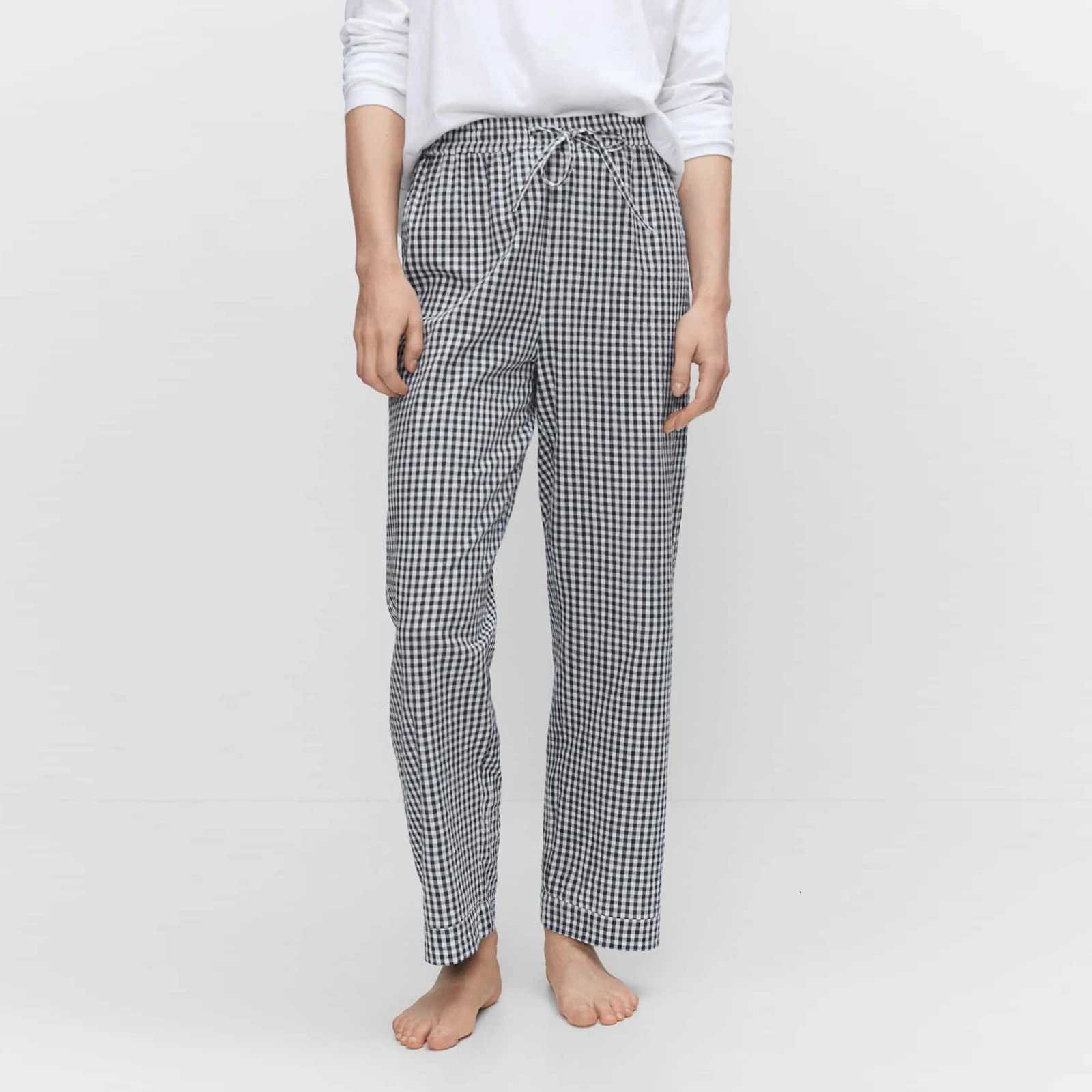 Women Y2K Aesthetic Gingham Print Pants Elastic Waist Dreawstring Wide Leg Trousers Checkered Casual Lounge Pants with Pockets 250811