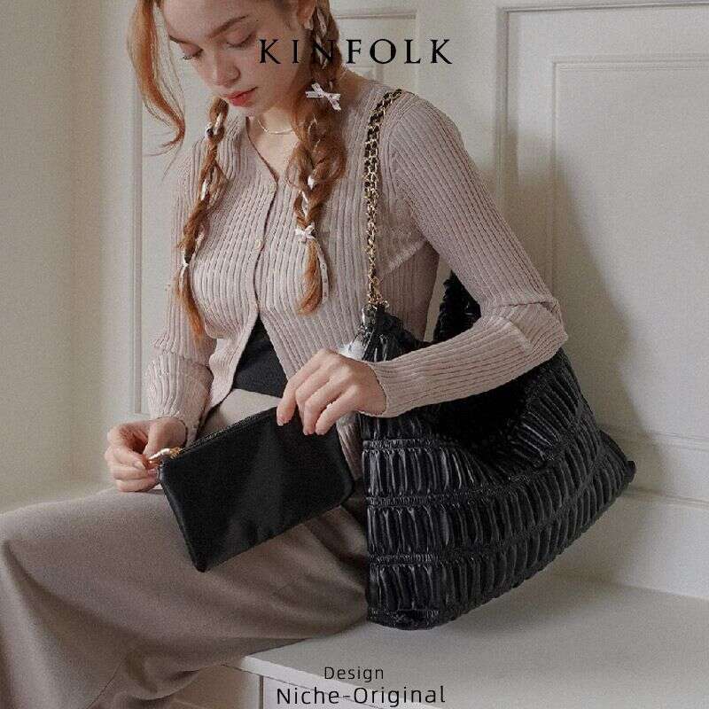toteBag Shoulder bag ROSE NOIRE New Style Small Fragrance Wind Pleated Trendy Tote French Chain Commuter Wandering Versatile Single Women Bag