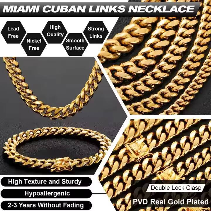 Hot Selle Fashion Jewelry Hip Hop Stainless Steel Jewelry Cuban Curb Link Miami Chain 18k Gold Plated Bracelet Necklace for Men