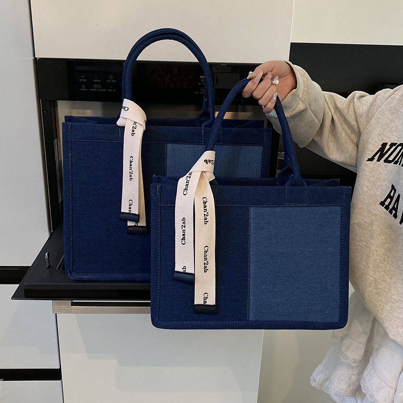 Denim Women New Fashion Patchwork Color Block Shoulder Large Capacity Casual Commuter Tote Bag