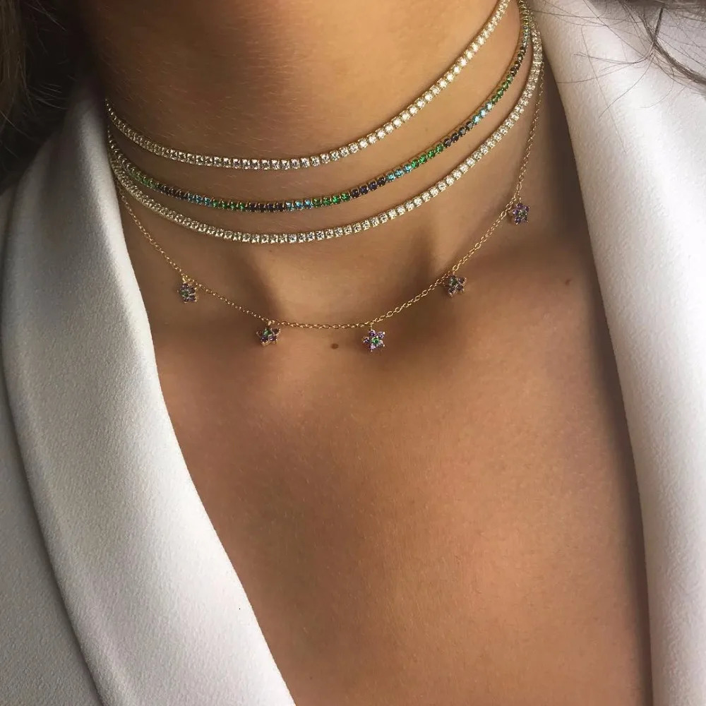 clear cz tennis chain choker necklace thin chain Gold color high quality women lady fashion trendy chockers 250807