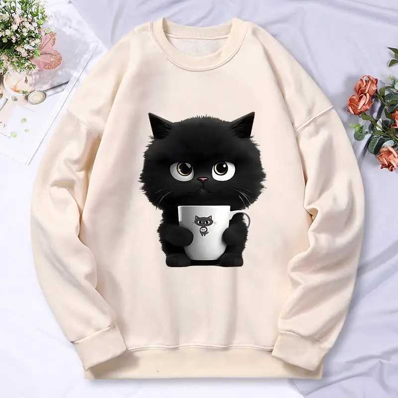 A Kitten Holding Cup Print WomenS Hoody Fashion Comfortable Sweatshirt Casual Fleece Hooded Autumn Versatile Tracksuit Female Y250811