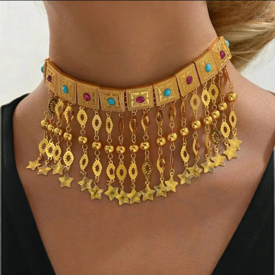 Vintage Boho 24K Gold Plated Copper Tassel Pendant Rhinestones Necklace For Women Bridal Choker Neck Jewelry Ramadan Gift 250807