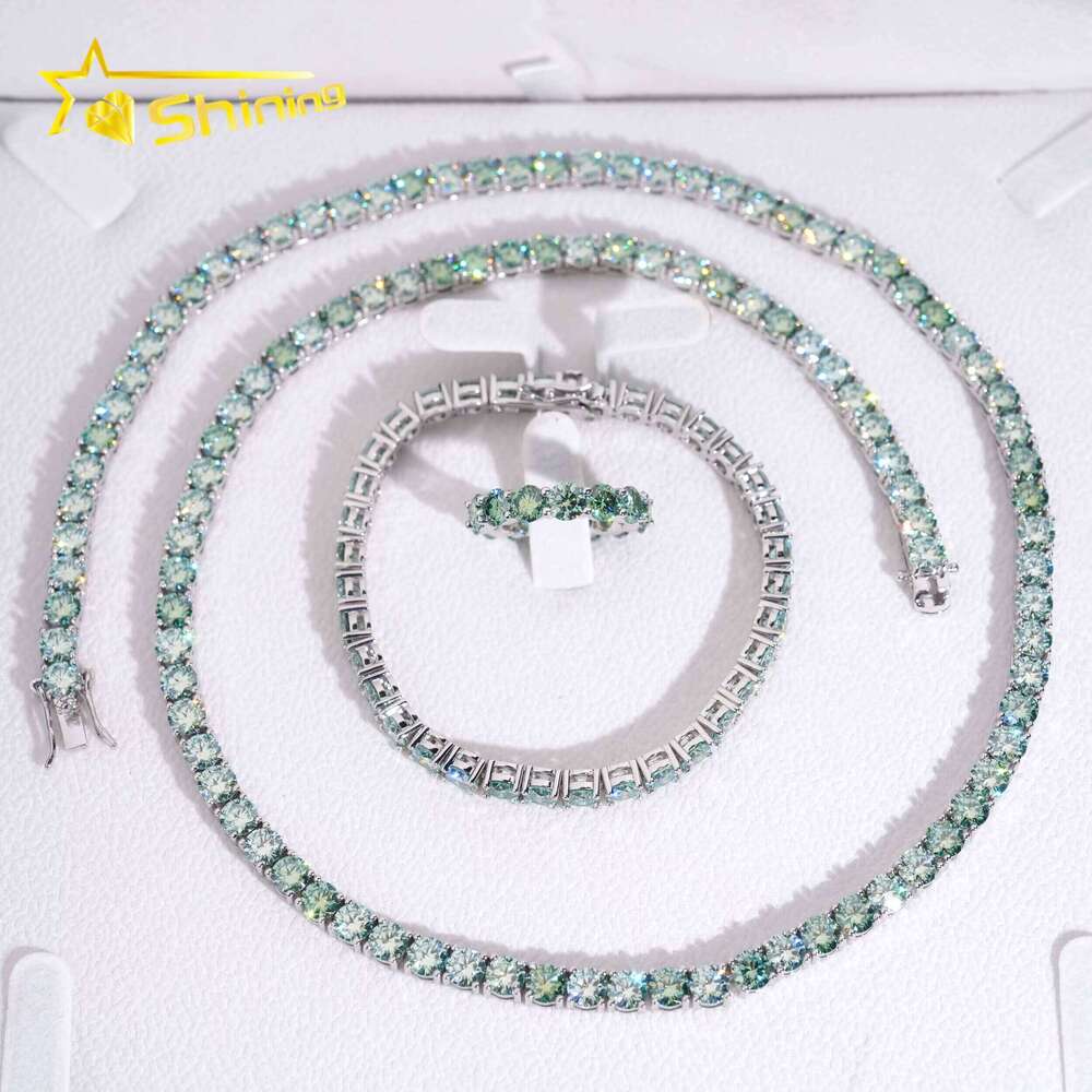 Hip Hop Iced Out Blue Green Color VVS Lab Moissanite Dia Sterling Sier 2MM 3MM 4MM Tennis Bracelet Chain Necklace