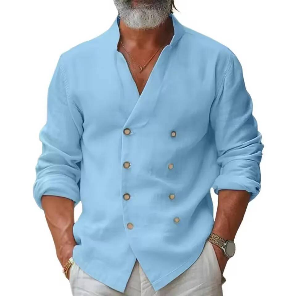 New Spring Autumn Men's Cotton Linen Casual Fashion Double Breasted Tops Vintage Stand Collar Solid Long Sleeve Shirt Men ddmymarket