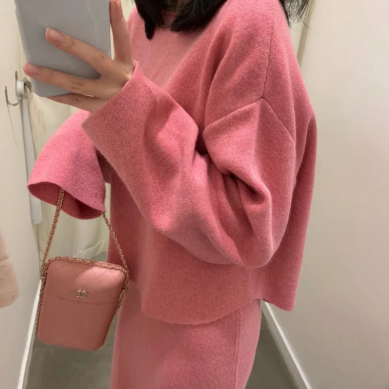 Fashion O Neck Long Sleeve Knitted Pullovers Skirt Suits Winter Elegant Ladies Solid Cashmere Sweater Skirt 2 Piece Set Women 250811