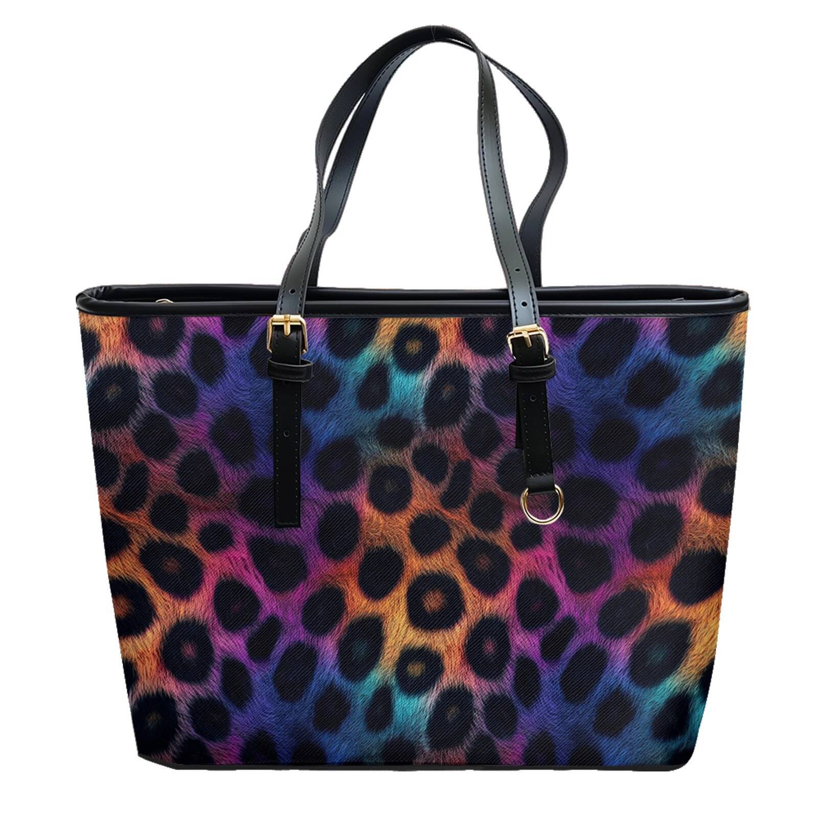 Fluid Vortex Leopard Printed Travel Tote Shoulder Bag Oxford PVC Leather Zipper Lightweight Daily Convertible Work Weekend Purse