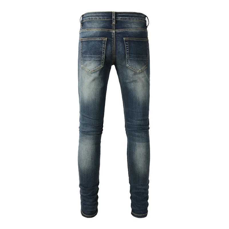 Men Black Leather Patches Denim Jeans Streetwear Skinny Tapered Pants Holes Ripped Dark Blue Stretch Trousers X250812