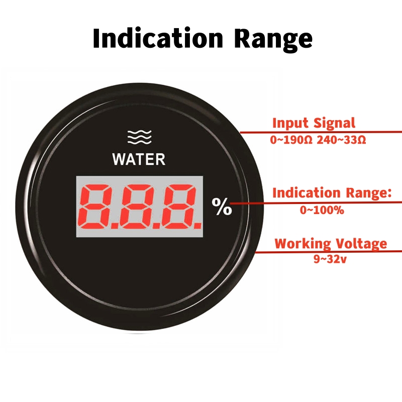 Auto 52mm 0-100% Display Water Level Gauges Marine Digital Water Level Meters 0-190ohm European Standard or 240-33ohm America Standard Input Signal wi