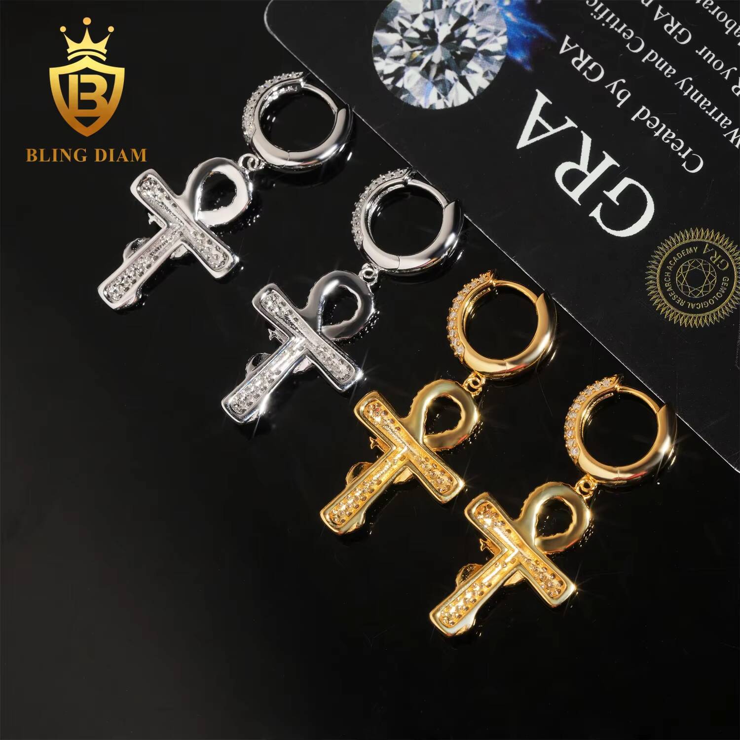 New Fashion High Quality Rapper Cross Style Moissanite Earrings 925 Sterling Silver Hip Hop Jewelry Missanite Ear Studs