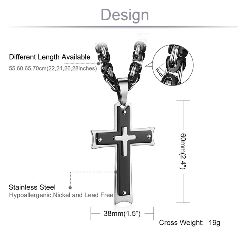 Cool Mens Black silvery Cross Pendant Long Byzantine Chain Necklace Christian Crucifix Necklace Religious Jewelry 250805