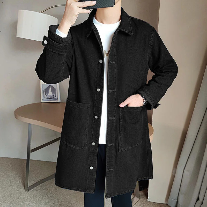 Vintage Denim Trench Coat Men Medium Long Styles Loose Tops Windbreaker Autumn Winter With Plush Thickening Overcoat Jacket 250805