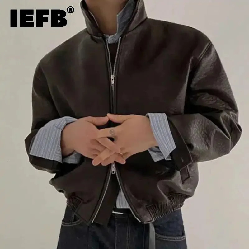 IEFB Short PU Leather Coat Mens Spring Summer Loose Turn-down Collar Coat Korean Style Trend Male Jacket Casual Top 9C5013 250811