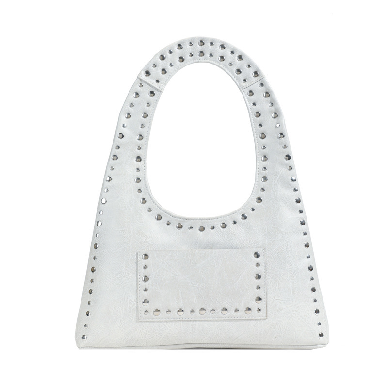 Studded Single Shoulder Underarm Fashion Motorcycle Oil Wax Leather Simple Post-Apocalyptic Style Large Capacity Tote Bag