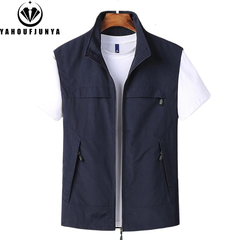 2025 Summer Men Sleeveless Outdoor Leisure Stand Collar Vest Solid Color Breathable Many Pocket Thin Male Waistcoat Top 250805