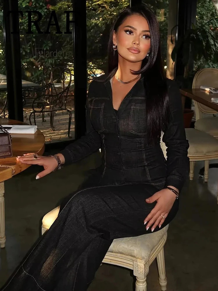 TRAF Womens Denim 2 Pieces Outfit Office Shirt Pants Set Long Sleeve Single-Breasted Coat Long Pants Casual Women Sets 250806