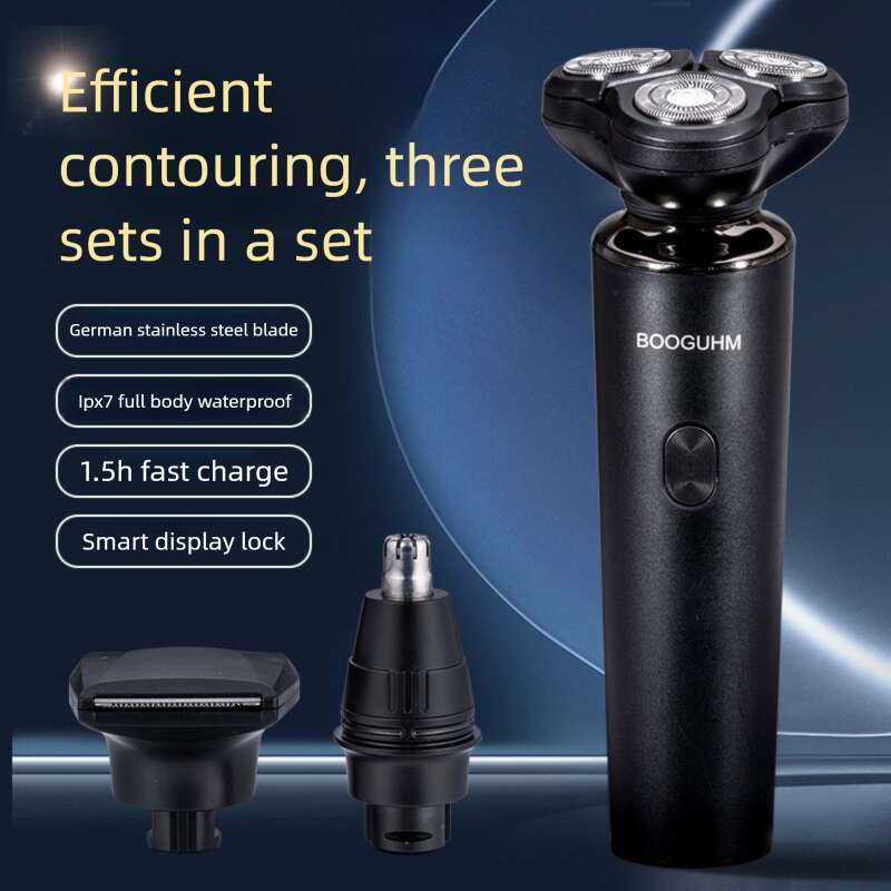 USB-powered travel-friendly male grooming tool with water resistance and a razor with multiple cutting modes