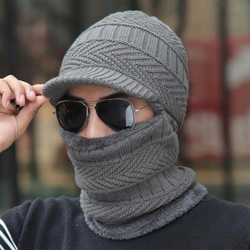 Knitted Visor Winter Hat Thicken Warm Earmuffs Skullies Beanies for Men Women Wool Scarf Caps Cycling Ski Mask Balaclava Bonnet 250808