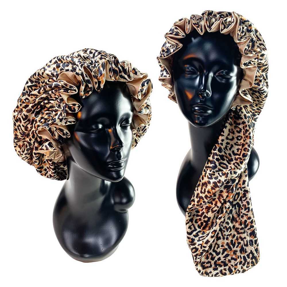 Leopard Print Double Layer Silky Bonnet with Adjustable Elastic Band High Quality Satin Nightcap Free Shipping XJ250812