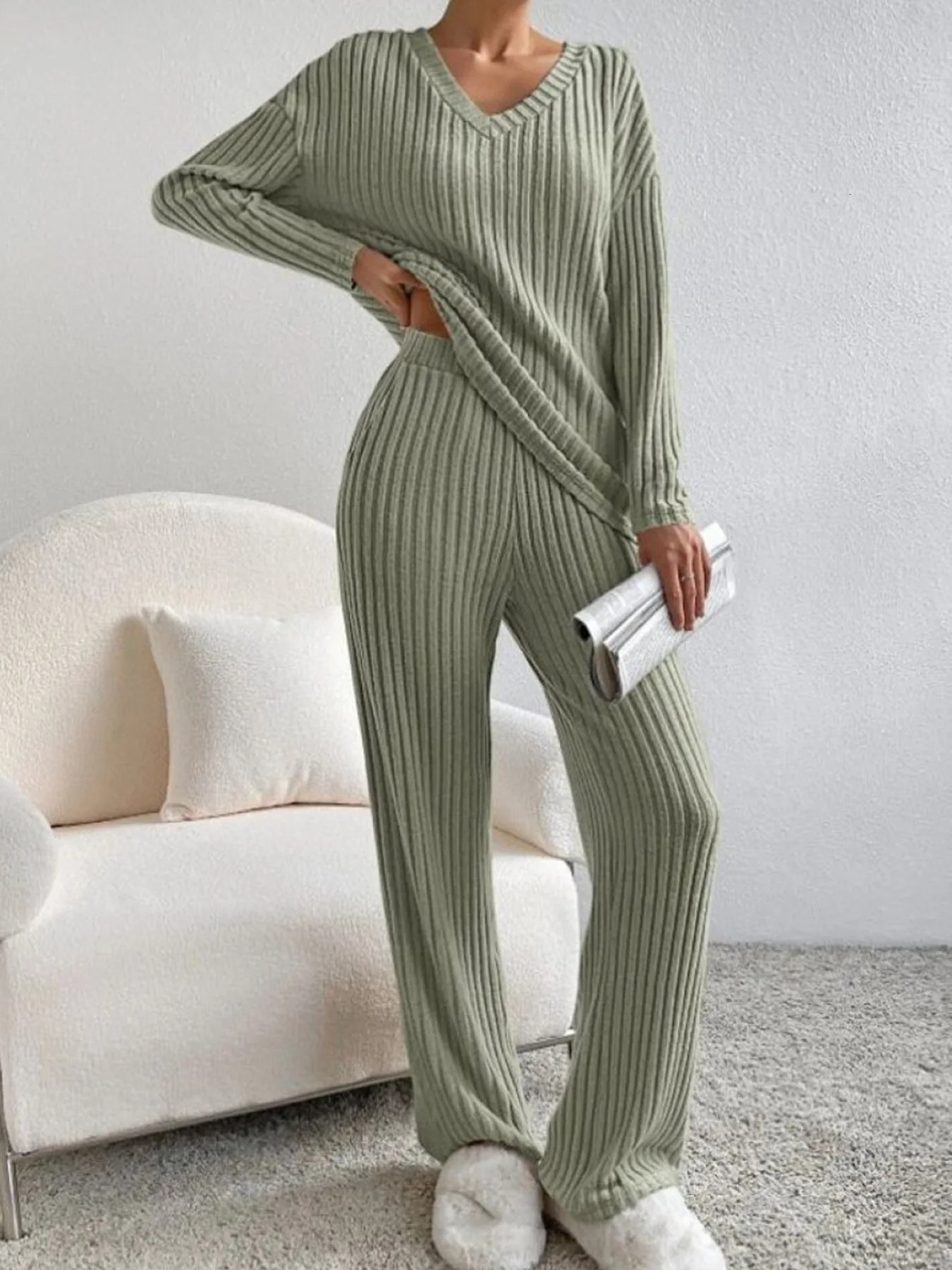 Autumn Winter Ribbed Knit Two Piece Set Womens V Neck Long Sleeve Top Wide Leg Pants Loungewear Casual Solid Color Outfit 250811