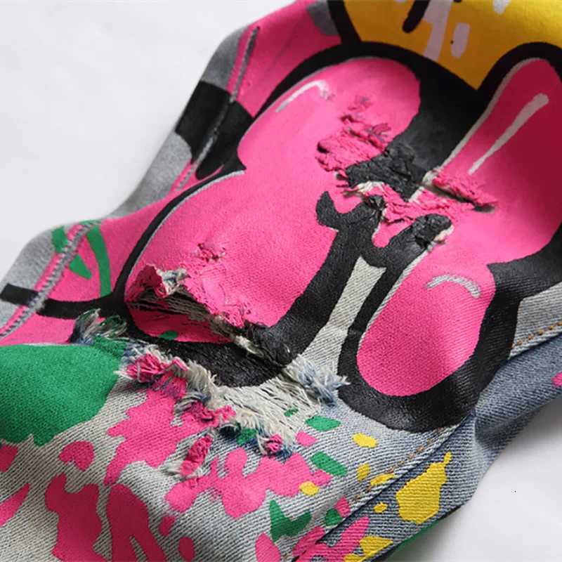 Men Colored Doodle Painted Denim Jeans Streetwear Punk Stretch Denim Print Pants Buttons Fly Holes Ripped Slim Pencil Trousers X250812