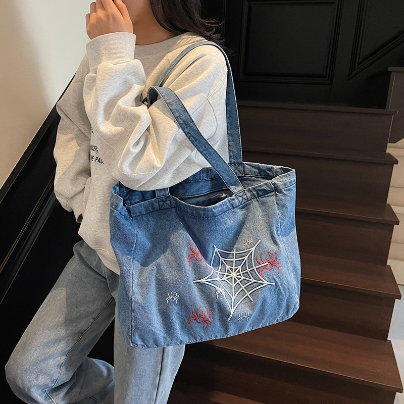 Denim Women New Cartoon Graffiti Embroidery Shoulder Large Capacity Handheld Tote Bag