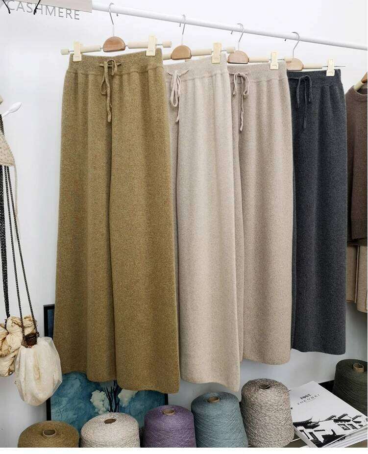 Autumn Winter Wool Knitted Wide Leg FEMALE Drooping Feels Straight Tube Leisure Tall Waist Outside Wear Trousers 20250811