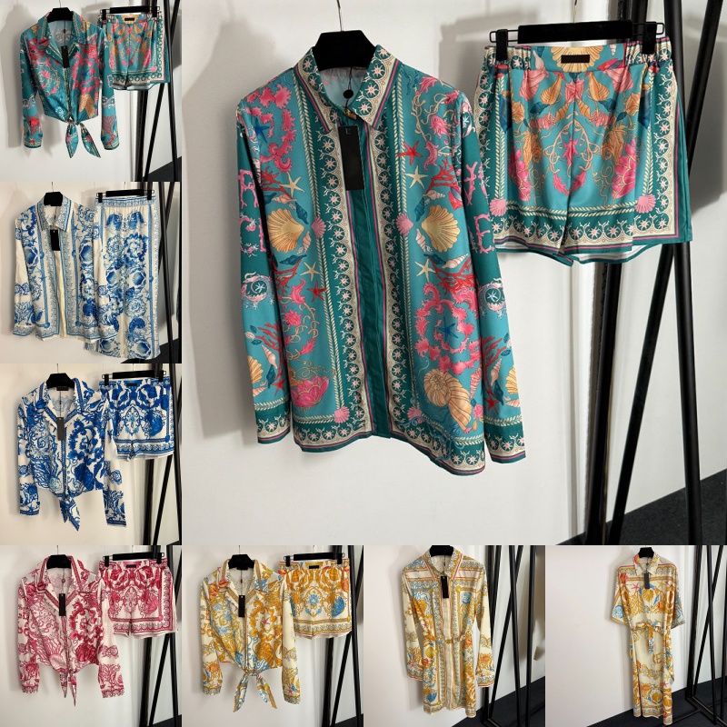 Luxury Vintage Printed Blouse Shorts Set For Women Summer Elegant Shirtdress Designer Casual Wide Leg Pants Bohemian Style Beach Holidays Shirts