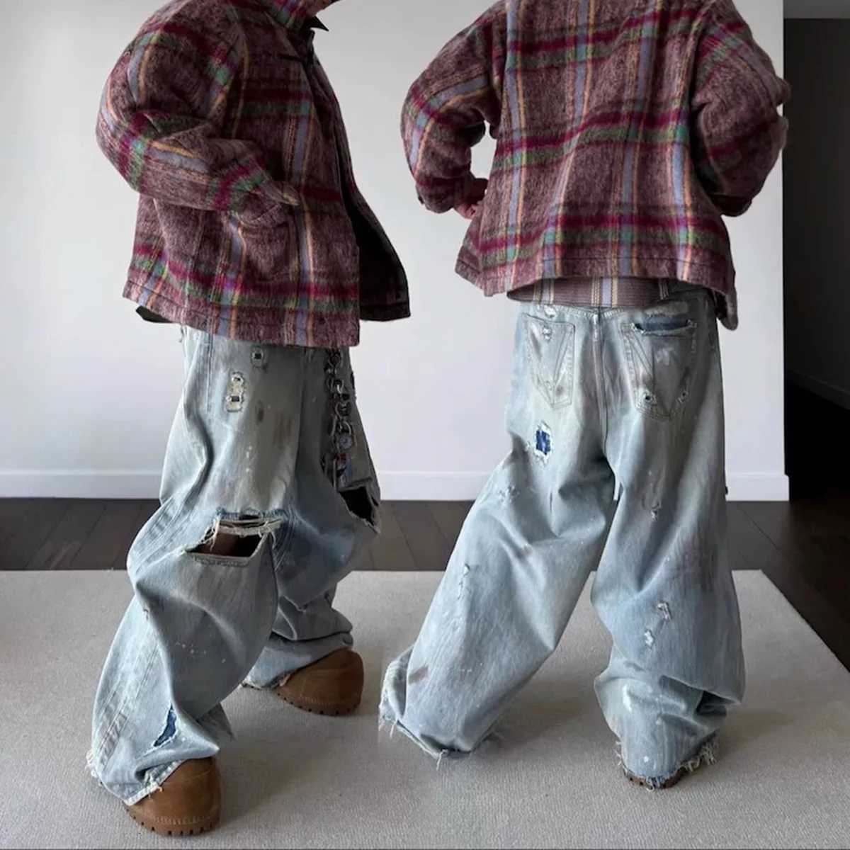 Distressed Hole Ripped Mud Dyed Silhouette Baggy Jeans for Men Wide Leg Harajuku Loose Denim Trousers Oversized Casual Cargos X250812