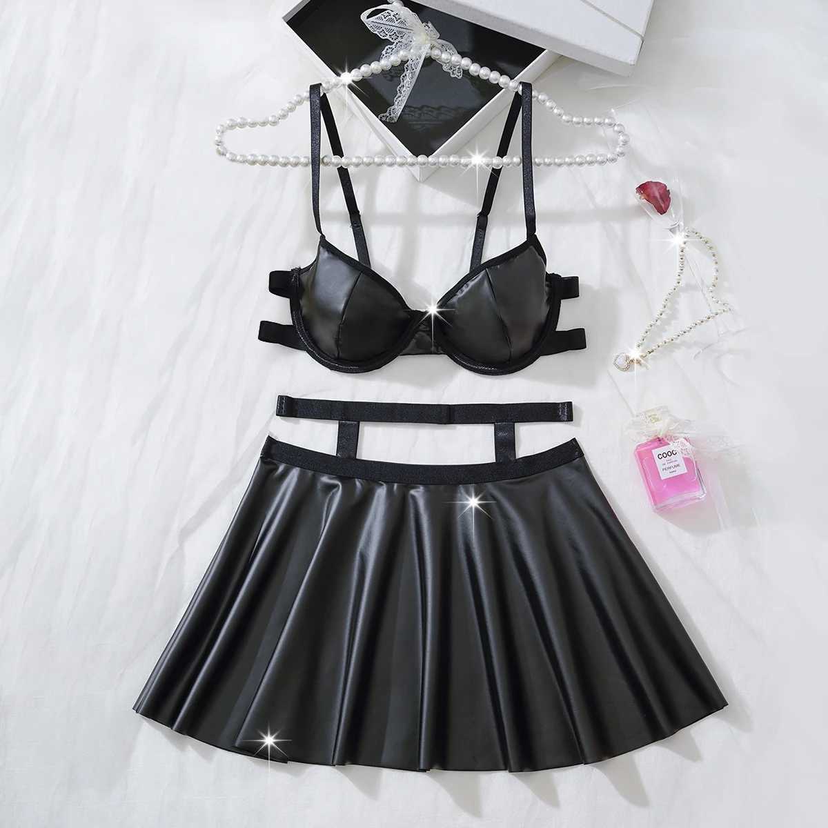 New Fashion Women Sexy Bras And Skirts Set Leather Adjustable Shoulder Strap Underwear Breathable Erotic Lingerie Ruffle SkirtXJ250812