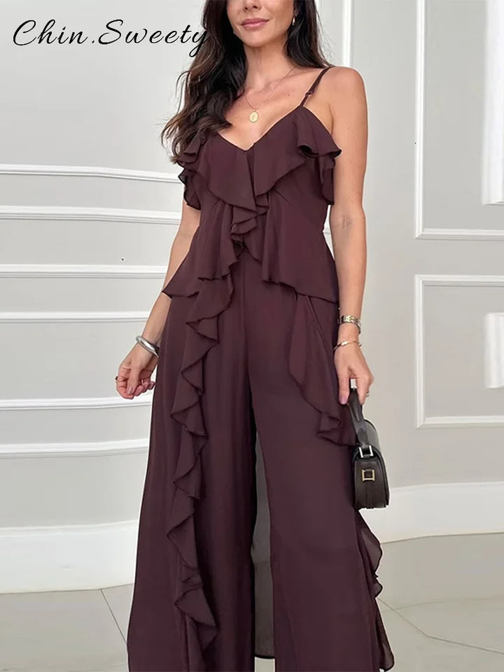 Elegant Ruffles 2 Piece Sets Woman V-neck Sleeveless Sling Top High Waist Wide Leg Pants 2025 Summer Lady High Street Outfit 250811