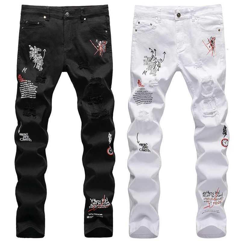 2022 Men Ripped Jeans White Black Stretch Slim Fit Spring Autumn Denim Pants Distressed Hip Hop Streetwear Biker Jeans Pants X250812